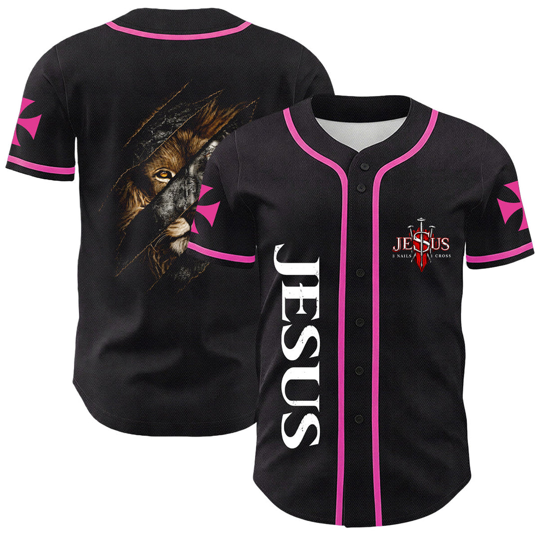 Christianartworkshop Jesus Löwe von Juda Zerrissenes Kratzer 3 Nägel Kreuz Unisex Baseballtrikot - Rosa - 5XL - image 12
