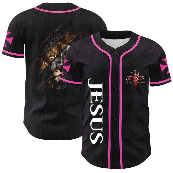 Christianartworkshop Jesus Löwe von Juda Zerrissenes Kratzer 3 Nägel Kreuz Unisex Baseballtrikot - Rosa - 5XL - image 12