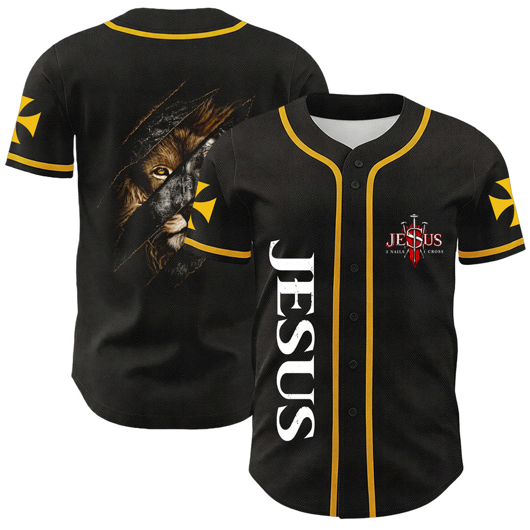 Christianartworkshop Jesus Löwe von Juda Zerrissenes Kratzer 3 Nägel Kreuz Unisex Baseballtrikot - Gelb - 5XL - image 3