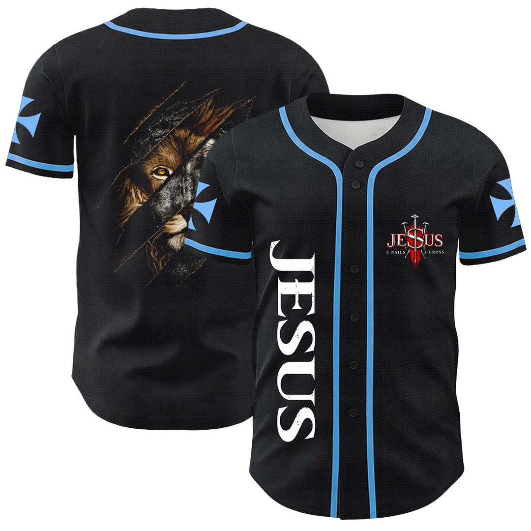 Christianartworkshop Jesus Löwe von Juda Zerrissenes Kratzer 3 Nägel Kreuz Unisex Baseballtrikot - Blau - 5XL - image 6