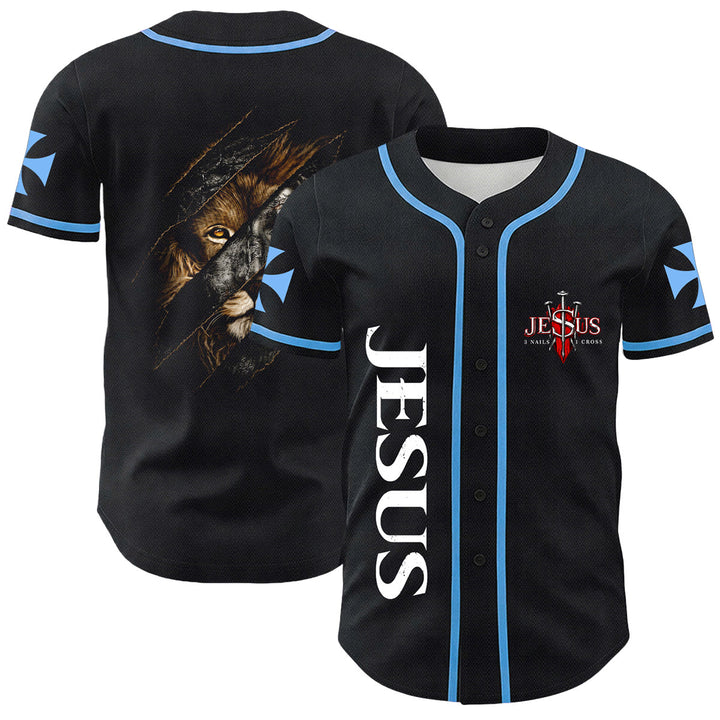 Christianartworkshop Jesus Löwe von Juda Zerrissenes Kratzer 3 Nägel Kreuz Unisex Baseballtrikot - Blau - 5XL - image 6