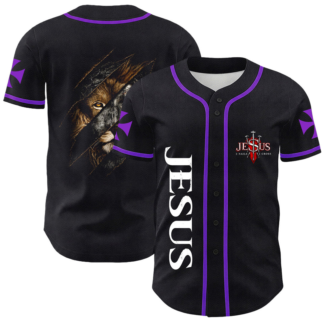 Christianartworkshop Jesus Löwe von Juda Zerrissenes Kratzer 3 Nägel Kreuz Unisex Baseballtrikot - Lila - 5XL - image 21