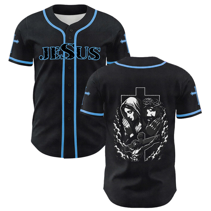 Christianartworkshop Jesus Jungfrau Maria Kruzifix Kreuz Christliches Unisex Baseballtrikot - Blau - 5XL - image 12