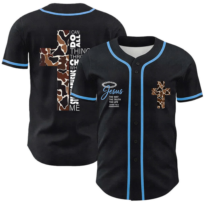 Christianartworkshop Leopard Print Cross I Can Do All Through Christ Unisex Baseball Jersey - Blau - 5XL - image 12