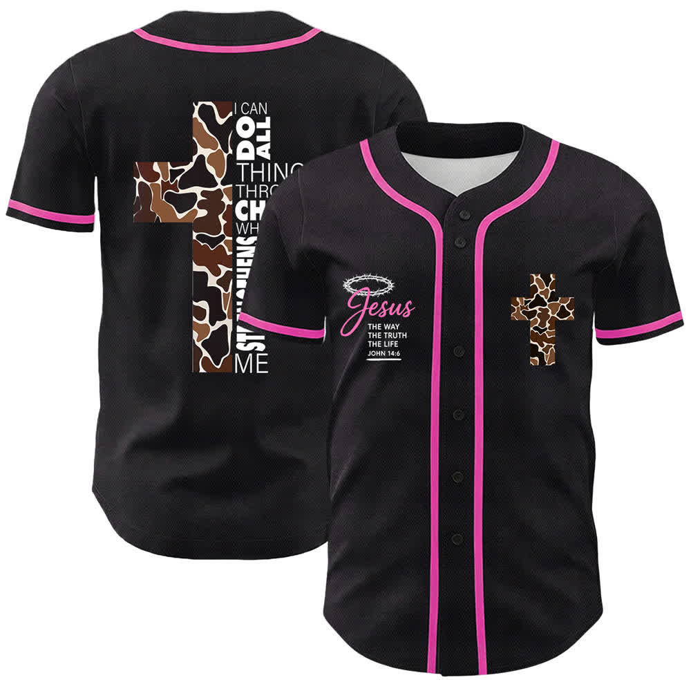 Christianartworkshop Leopard Print Cross I Can Do All Through Christ Unisex Baseball Jersey - Rosa - 5XL - image 21