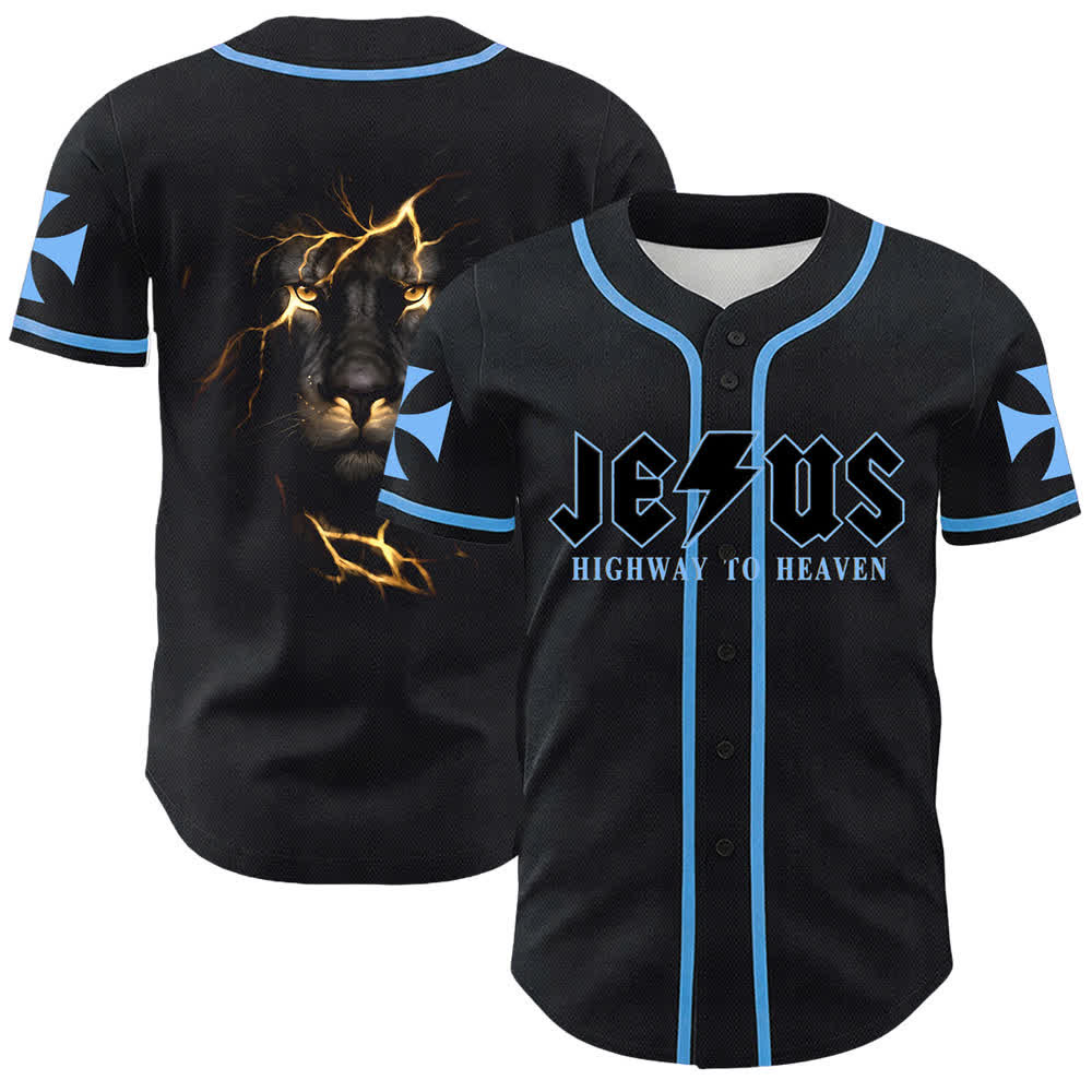 Christianartworkshop Jesus Highway To Heaven Lion Of Judah Unisex Baseball Jersey - Blau - 5XL - image 12