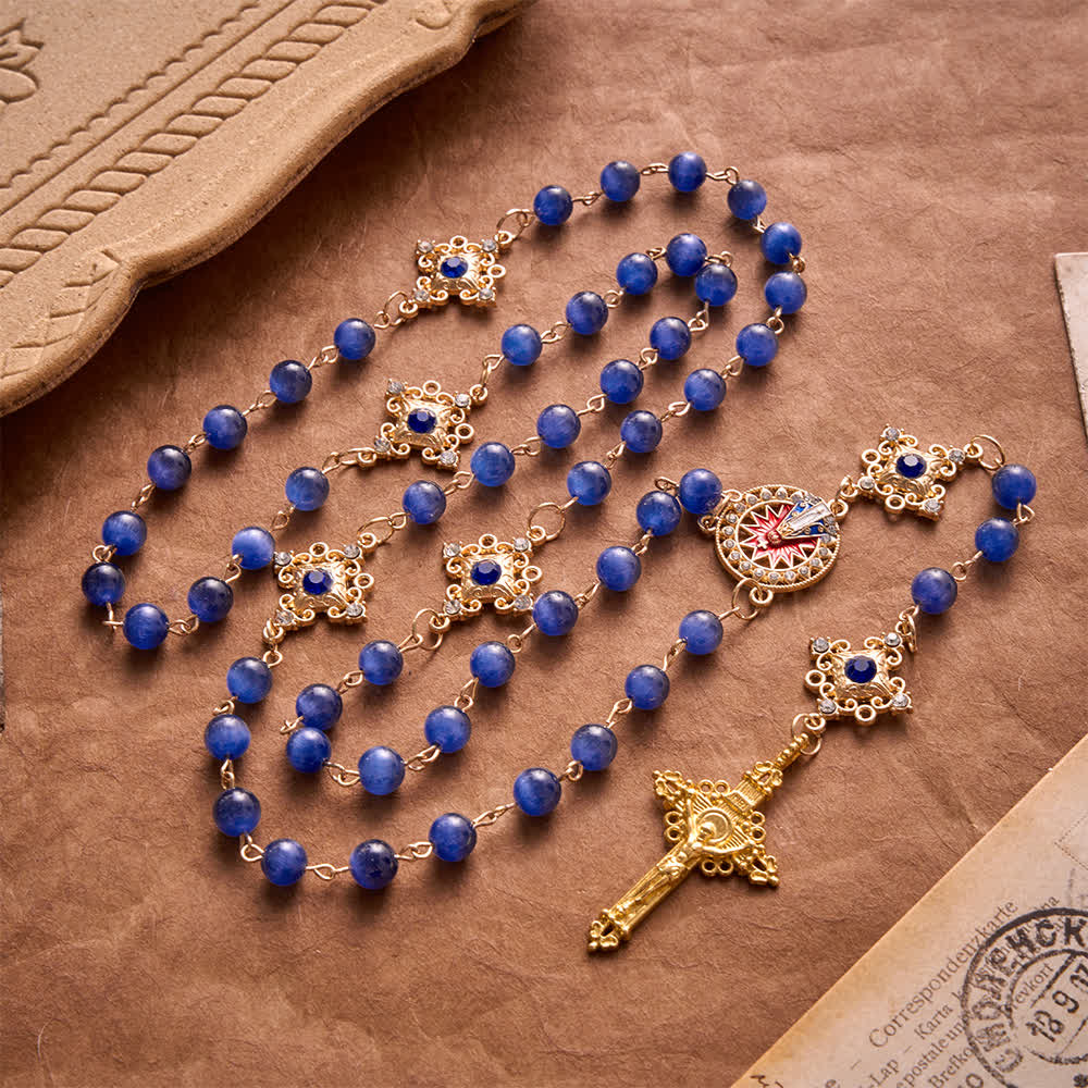 Christianartworkshop Vintage Rosenkranz aus filigranen blauen Katzenaugenperlen: Symbol beruhigender himmlischer Ausstrahlung - Rosenkranz mit blauen Katzenaugen - image 0