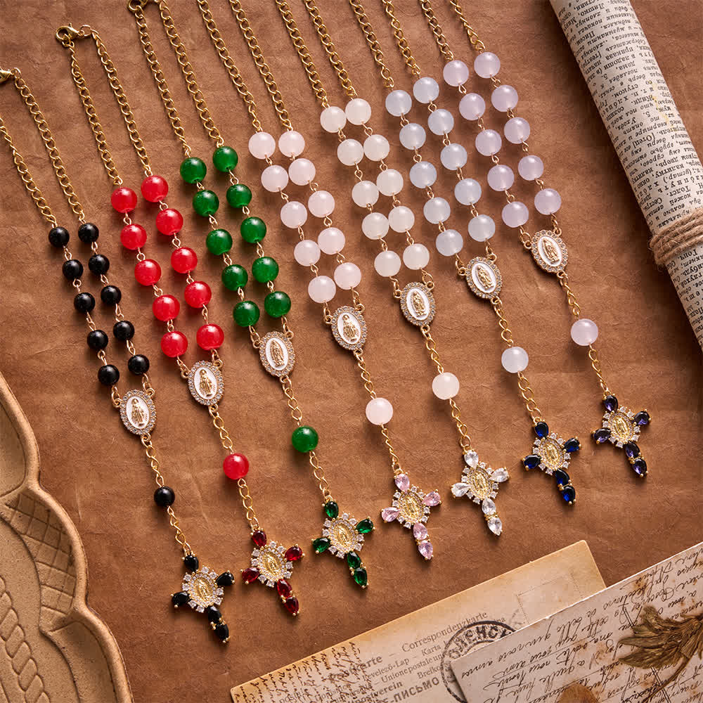 Christianartworkshop Mehrfarbiger Rosenkranz aus Buntglas für die Hosentasche mit juwelenbesetztem Kreuz Unserer Lieben Frau von Guadalupe - image 1