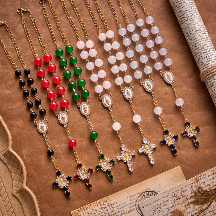 Christianartworkshop Mehrfarbiger Rosenkranz aus Buntglas für die Hosentasche mit juwelenbesetztem Kreuz Unserer Lieben Frau von Guadalupe - image 1