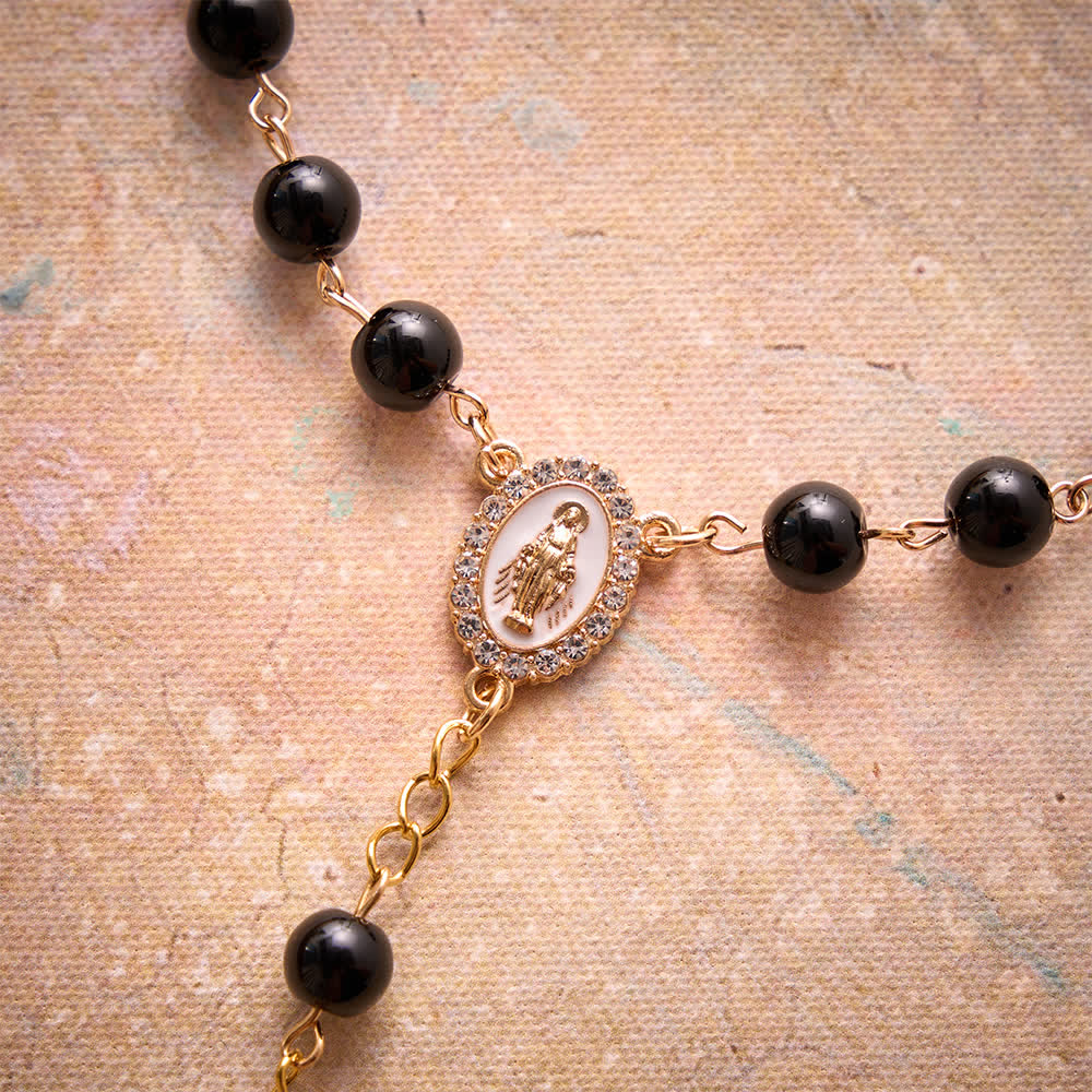Christianartworkshop Mehrfarbiger Rosenkranz aus Buntglas für die Hosentasche mit juwelenbesetztem Kreuz Unserer Lieben Frau von Guadalupe - image 10