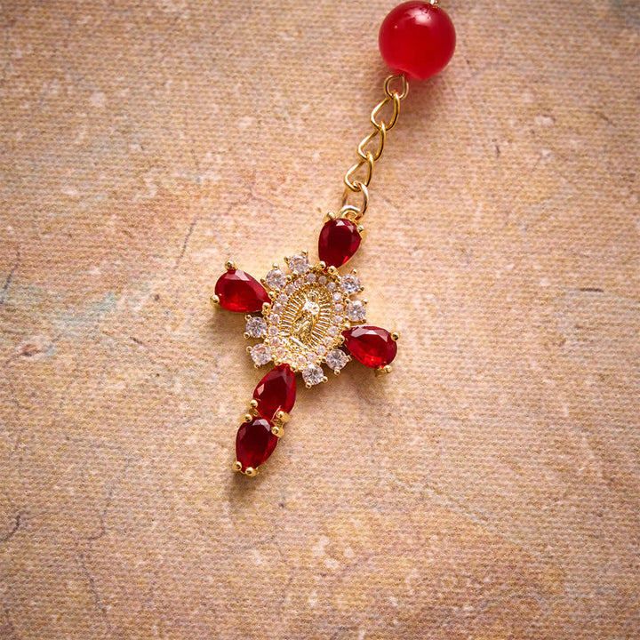 Christianartworkshop Mehrfarbiger Rosenkranz aus Buntglas für die Hosentasche mit juwelenbesetztem Kreuz Unserer Lieben Frau von Guadalupe - image 5