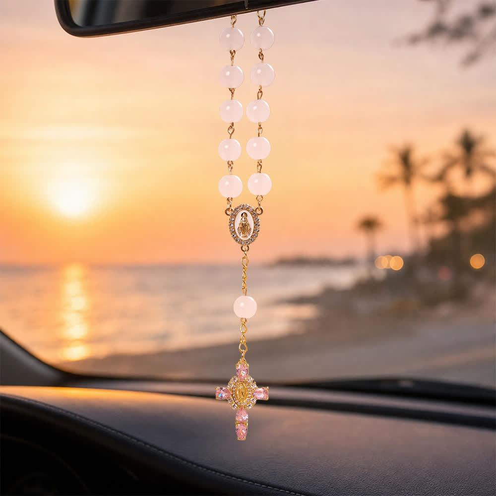 Christianartworkshop Mehrfarbiger Rosenkranz aus Buntglas für die Hosentasche mit juwelenbesetztem Kreuz Unserer Lieben Frau von Guadalupe - Rosa - image 17