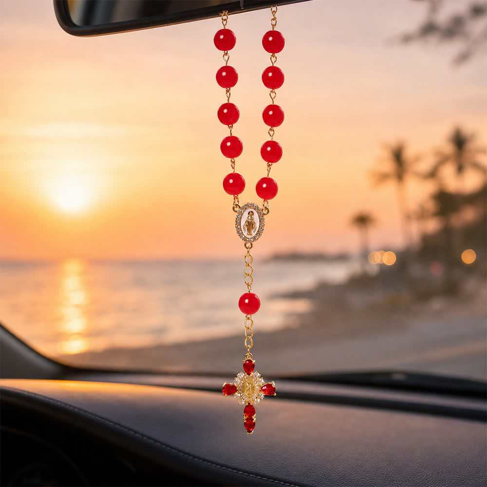 Christianartworkshop Mehrfarbiger Rosenkranz aus Buntglas für die Hosentasche mit juwelenbesetztem Kreuz Unserer Lieben Frau von Guadalupe - Rot - image 0