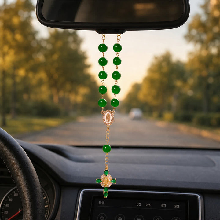 Christianartworkshop Mehrfarbiger Rosenkranz aus Buntglas für die Hosentasche mit juwelenbesetztem Kreuz Unserer Lieben Frau von Guadalupe - image 13