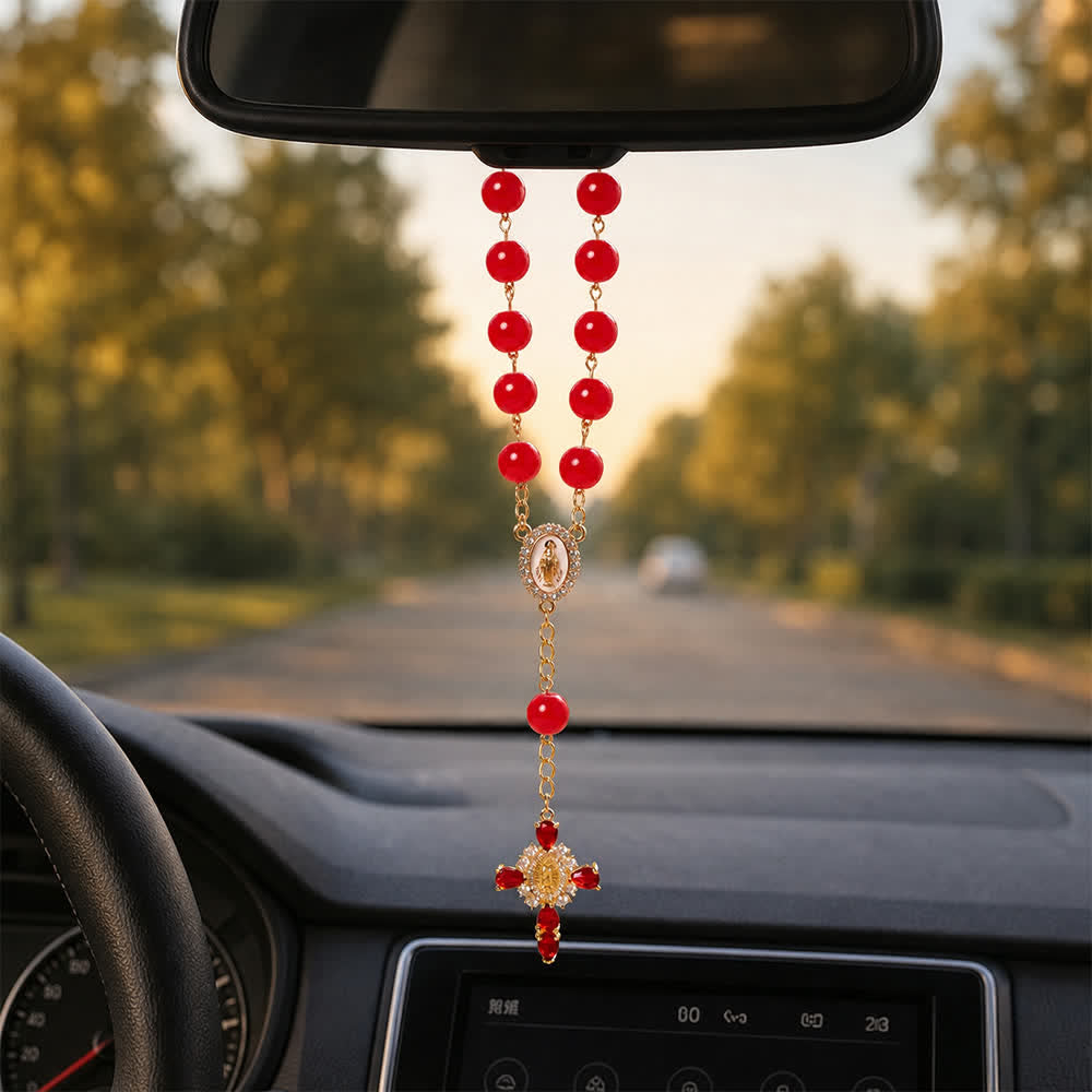 Christianartworkshop Mehrfarbiger Rosenkranz aus Buntglas für die Hosentasche mit juwelenbesetztem Kreuz Unserer Lieben Frau von Guadalupe - image 2