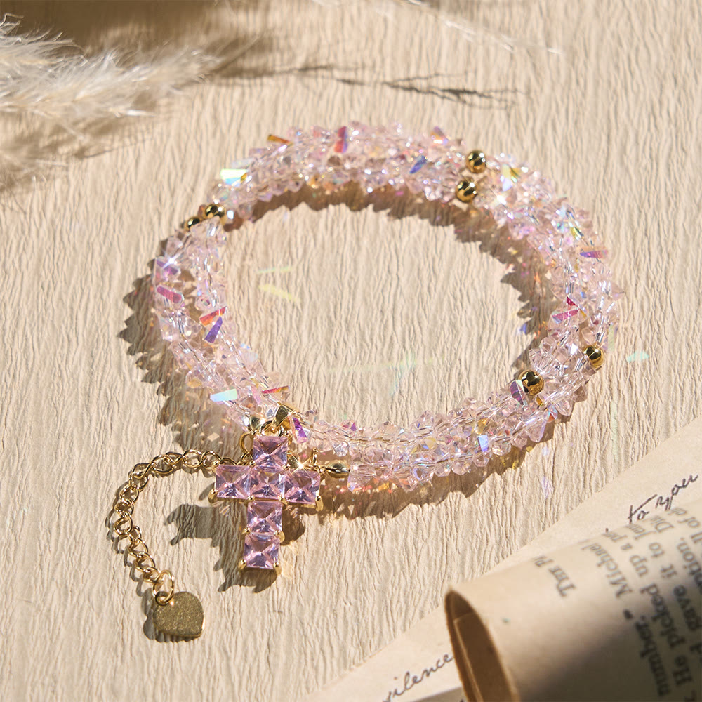 Christianartworkshop Armband mit facettiertem Kristallperlenkreuz: Symbol funkelnden himmlischen Segens - Rosa - image 0