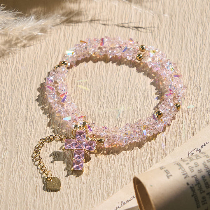 Christianartworkshop Armband mit facettiertem Kristallperlenkreuz: Symbol funkelnden himmlischen Segens - Rosa - image 0