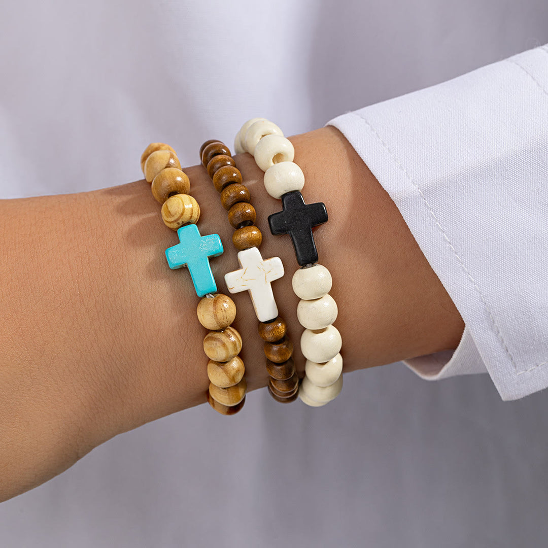 Christianartworkshop Stretch-Armband mit Kreuz aus natürlichen Holzperlen: Symbol für sicheren himmlischen Schutz - C - image 2