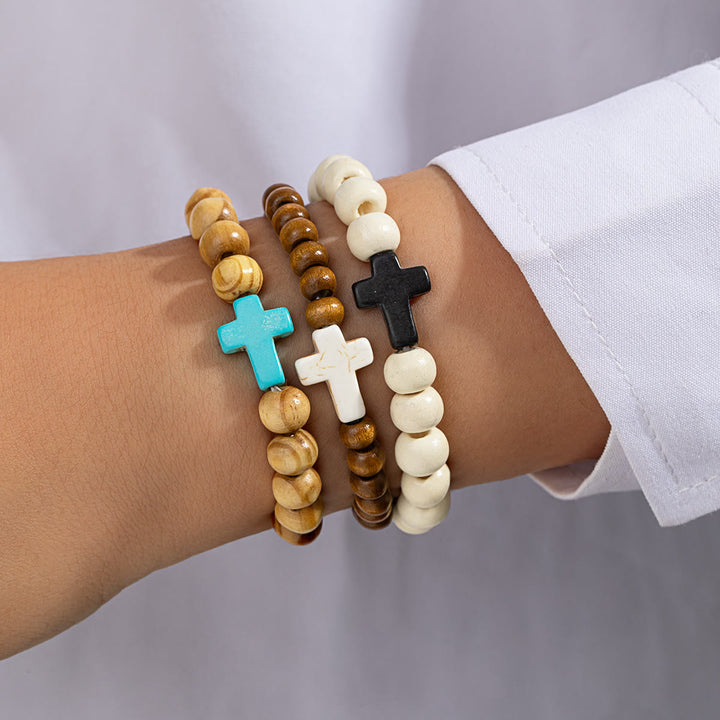 Christianartworkshop Stretch-Armband mit Kreuz aus natürlichen Holzperlen: Symbol für sicheren himmlischen Schutz - C - image 2