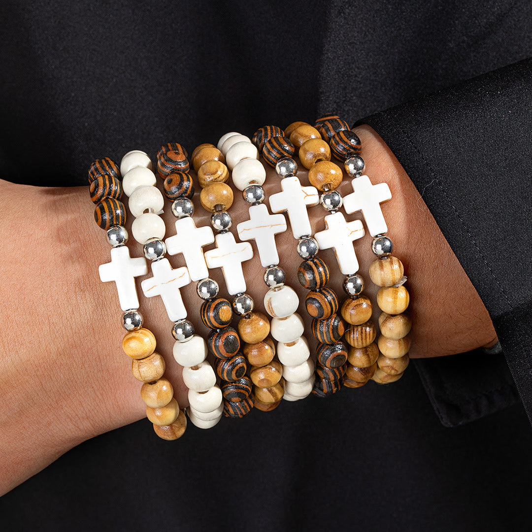 Christianartworkshop Stretch-Armband mit Kreuz aus natürlichen Holzperlen: Symbol für sicheren himmlischen Schutz - D - image 3