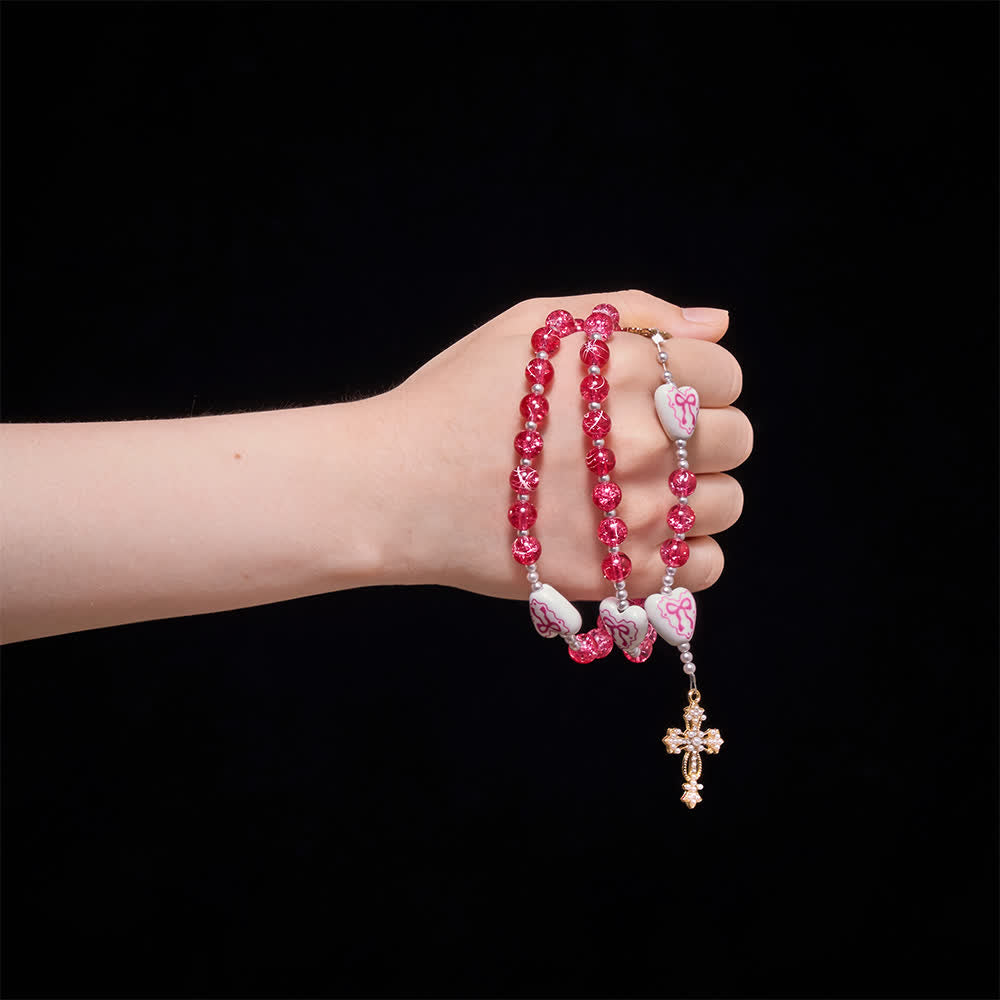 Christianartworkshop Rosa Rosenkranz aus Crackle-Glas mit Keramikherz-Schleifenperlen und Marienmedaille - image 2