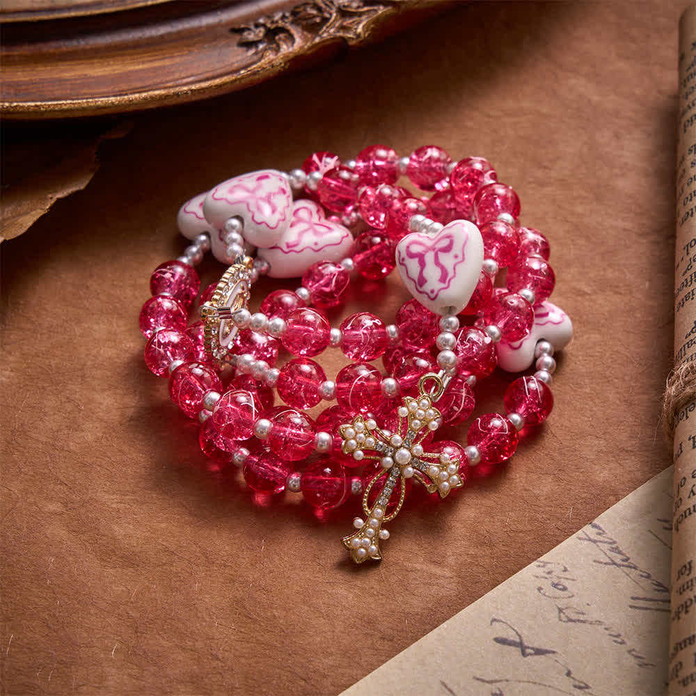 Christianartworkshop Rosa Rosenkranz aus Crackle-Glas mit Keramikherz-Schleifenperlen und Marienmedaille - image 7