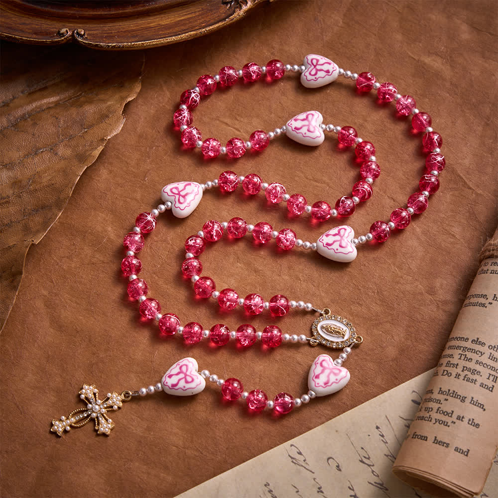 Christianartworkshop Rosa Rosenkranz aus Crackle-Glas mit Keramikherz-Schleifenperlen und Marienmedaille - Rosa - image 0