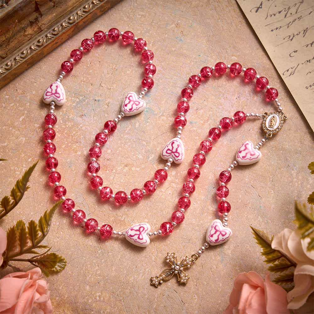 Christianartworkshop Rosa Rosenkranz aus Crackle-Glas mit Keramikherz-Schleifenperlen und Marienmedaille - image 5