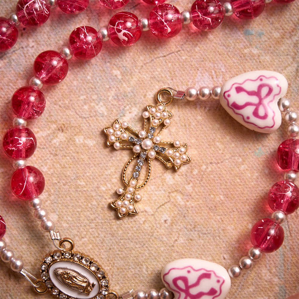 Christianartworkshop Rosa Rosenkranz aus Crackle-Glas mit Keramikherz-Schleifenperlen und Marienmedaille - image 10