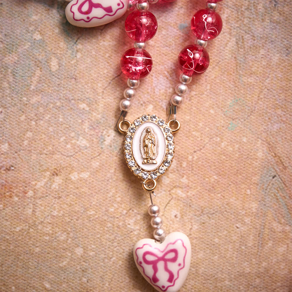 Christianartworkshop Rosa Rosenkranz aus Crackle-Glas mit Keramikherz-Schleifenperlen und Marienmedaille - image 9