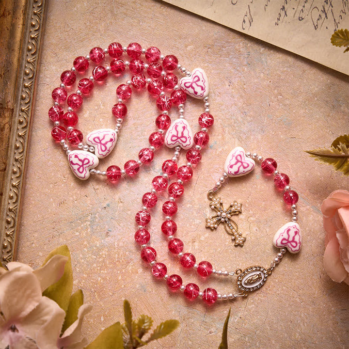 Christianartworkshop Rosa Rosenkranz aus Crackle-Glas mit Keramikherz-Schleifenperlen und Marienmedaille - image 6