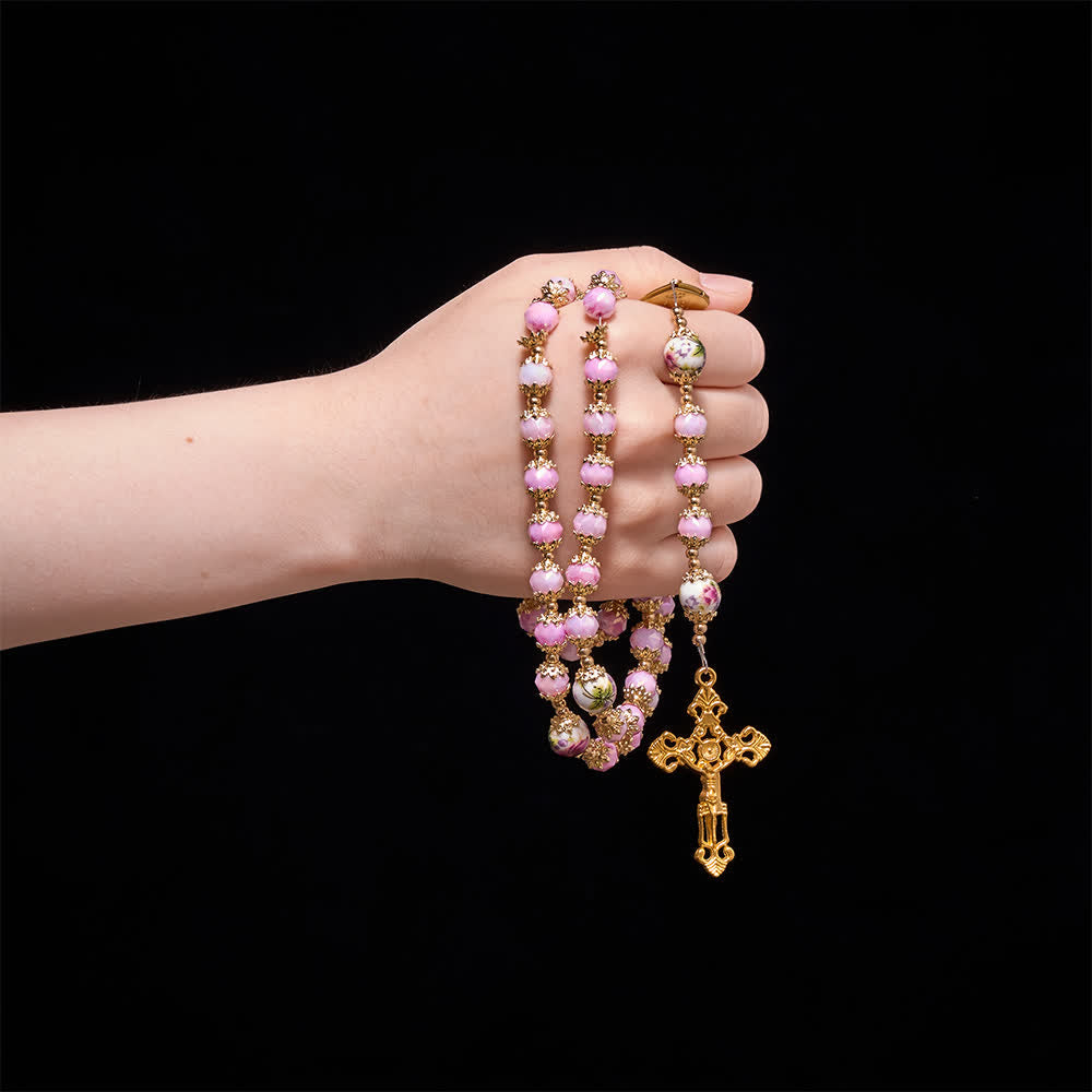 Christianartworkshop Rosenkranz aus floralem Porzellan und Glaskugel mit Marienherzmedaille und verziertem Kruzifix - image 1