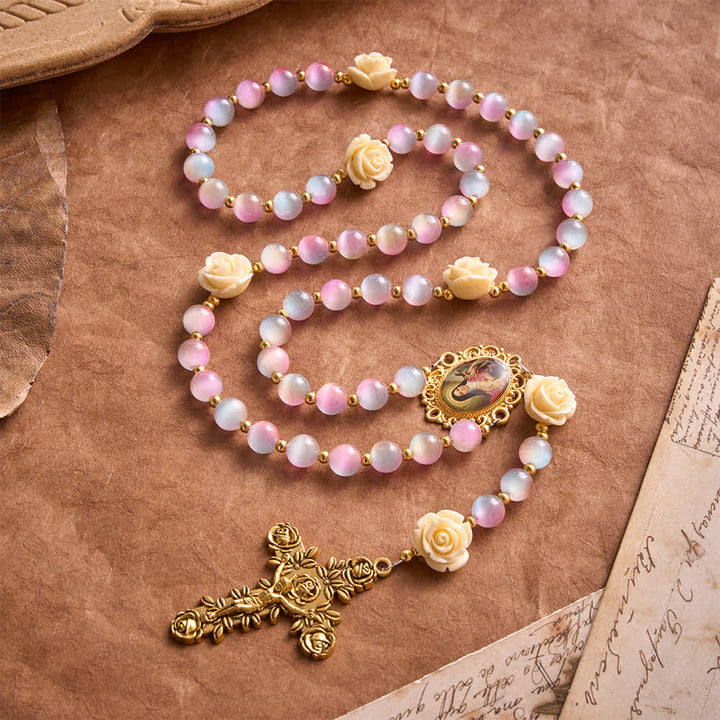 Christianartworkshop Verträumter Rosenkranz aus Buntglas mit Farbverlauf und St.-Theresia-Medaillon - image 3