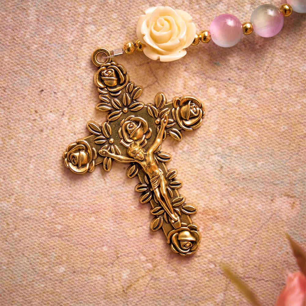 Christianartworkshop Verträumter Rosenkranz aus Buntglas mit Farbverlauf und St.-Theresia-Medaillon - image 7