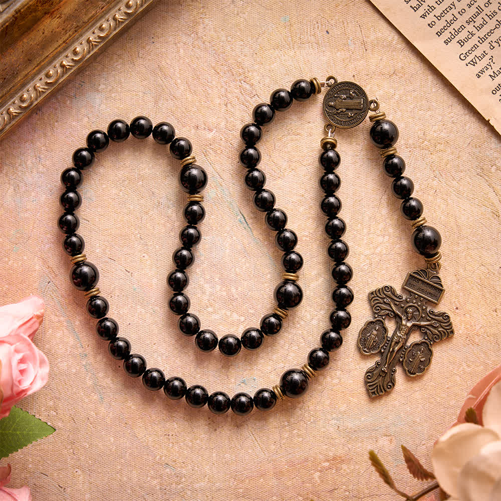 Christianartworkshop Rosenkranz aus poliertem Naturobsidian, St. Benedikt: Symbol himmlischen Schutzes - Rosenkranz aus natürlichem Obsidian - image 0