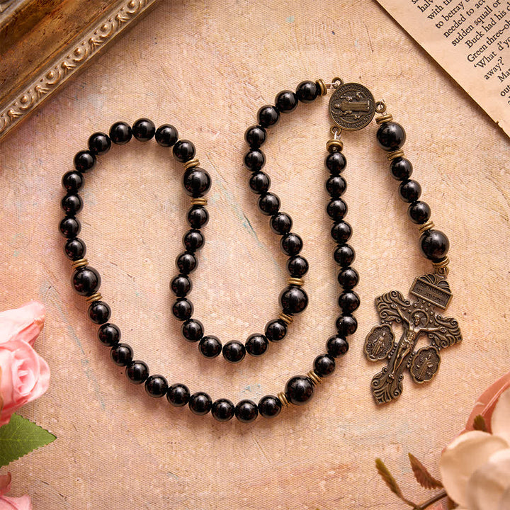 Christianartworkshop Rosenkranz aus poliertem Naturobsidian, St. Benedikt: Symbol himmlischen Schutzes - Rosenkranz aus natürlichem Obsidian - image 0
