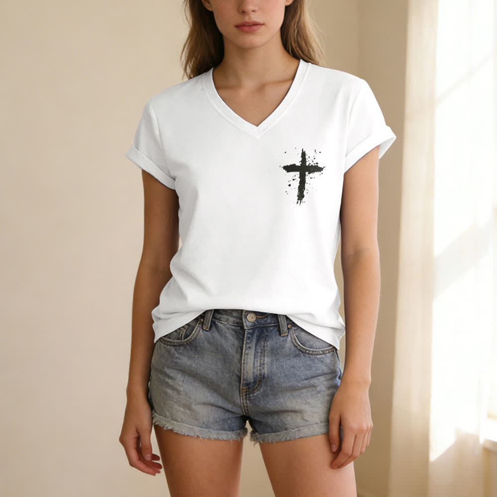 Christianartworkshop Psalm 91 Damen-T-Shirt mit V-Ausschnitt und geknotetem Saum und Kreuzmuster. - image 9