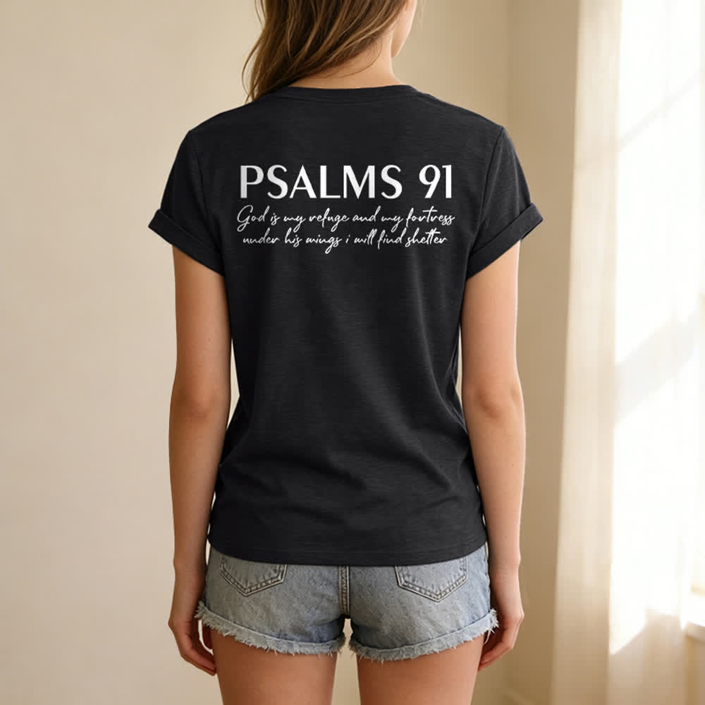 Christianartworkshop Psalm 91 Damen-T-Shirt mit V-Ausschnitt und geknotetem Saum und Kreuzmuster. - image 3
