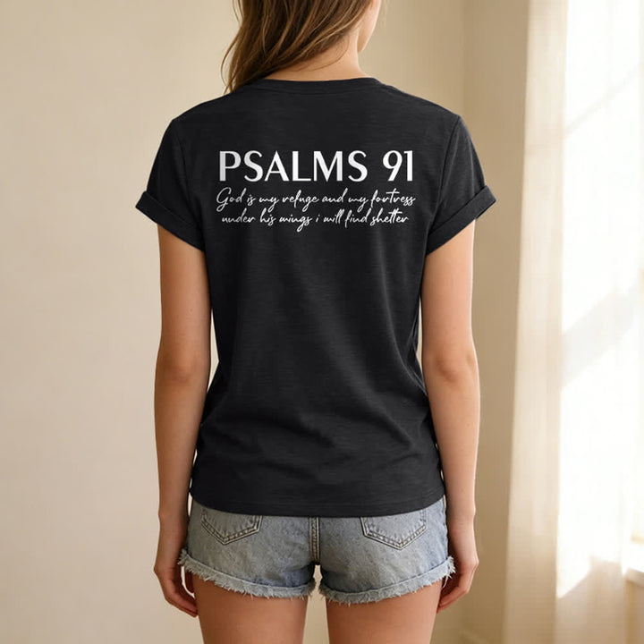 Christianartworkshop Psalm 91 Damen-T-Shirt mit V-Ausschnitt und geknotetem Saum und Kreuzmuster. - image 3
