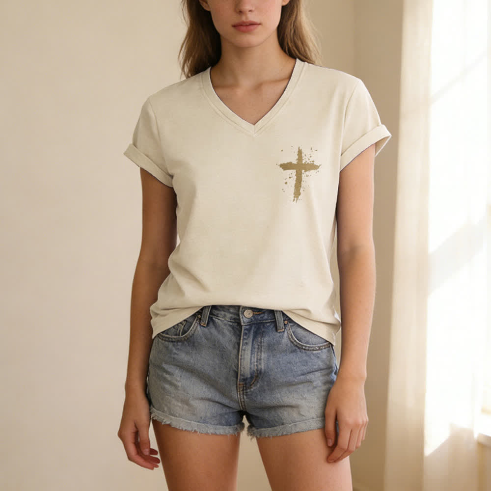 Christianartworkshop Psalm 91 Damen-T-Shirt mit V-Ausschnitt und geknotetem Saum und Kreuzmuster. - image 44
