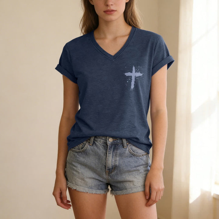 Christianartworkshop Psalm 91 Damen-T-Shirt mit V-Ausschnitt und geknotetem Saum und Kreuzmuster. - image 19