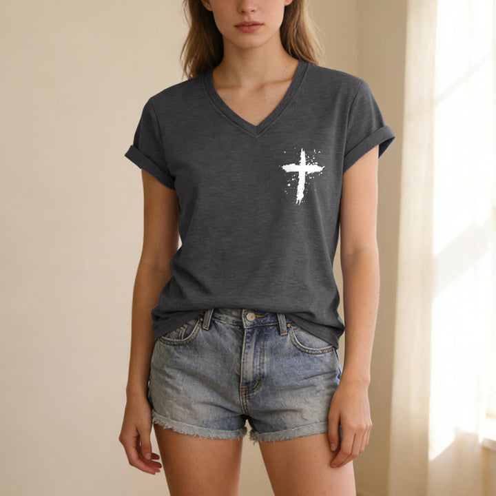Christianartworkshop Psalm 91 Damen-T-Shirt mit V-Ausschnitt und geknotetem Saum und Kreuzmuster. - image 24