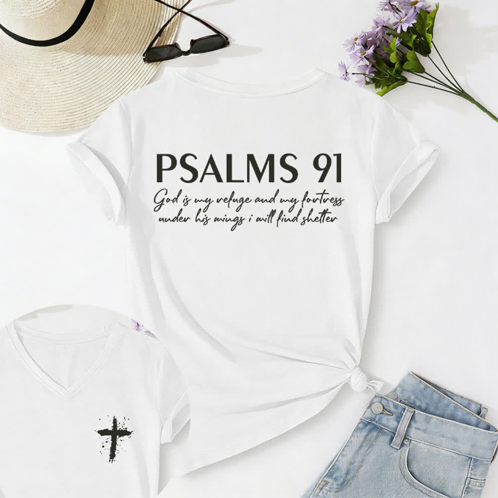Christianartworkshop Psalm 91 Damen-T-Shirt mit V-Ausschnitt und geknotetem Saum und Kreuzmuster. - Weiß - 2XL - image 5