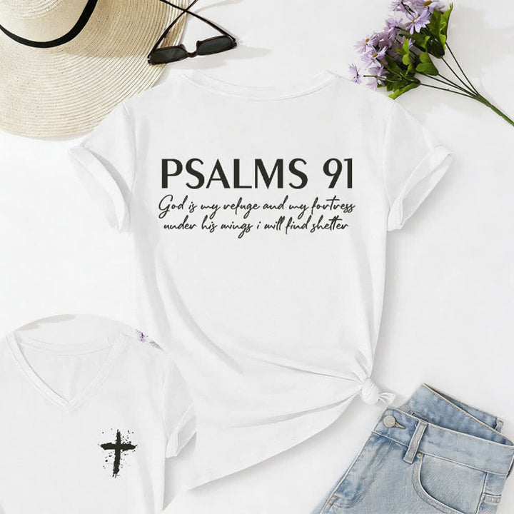 Christianartworkshop Psalm 91 Damen-T-Shirt mit V-Ausschnitt und geknotetem Saum und Kreuzmuster. - Weiß - 2XL - image 5