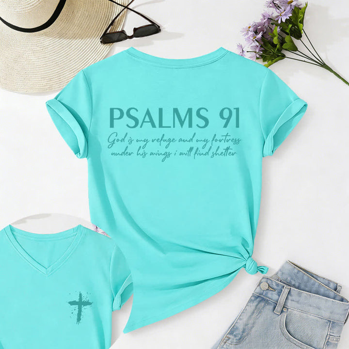 Christianartworkshop Psalm 91 Damen-T-Shirt mit V-Ausschnitt und geknotetem Saum und Kreuzmuster. - Blau - 2XL - image 50