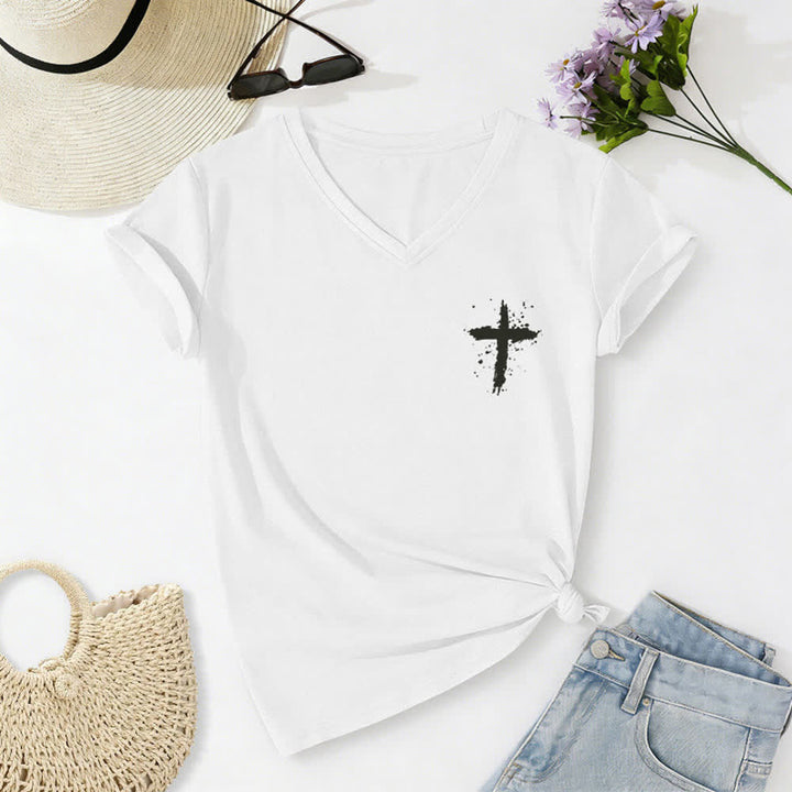 Christianartworkshop Psalm 91 Damen-T-Shirt mit V-Ausschnitt und geknotetem Saum und Kreuzmuster. - image 6