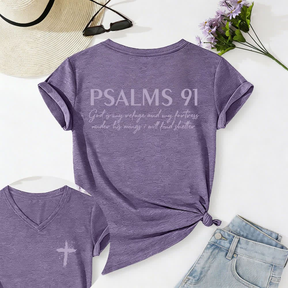 Christianartworkshop Psalm 91 Damen-T-Shirt mit V-Ausschnitt und geknotetem Saum und Kreuzmuster. - Lila - 2XL - image 60