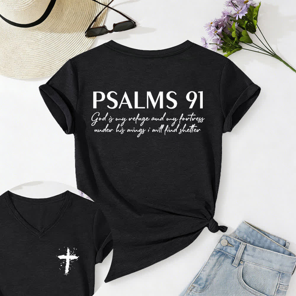 Christianartworkshop Psalm 91 Damen-T-Shirt mit V-Ausschnitt und geknotetem Saum und Kreuzmuster. - Schwarz - 2XL - image 0