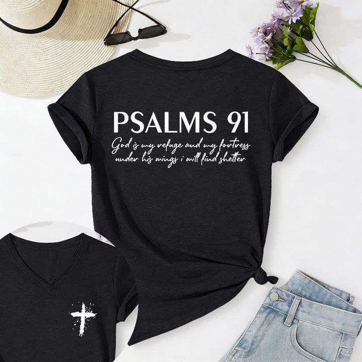Christianartworkshop Psalm 91 Damen-T-Shirt mit V-Ausschnitt und geknotetem Saum und Kreuzmuster. - Schwarz - 2XL - image 0