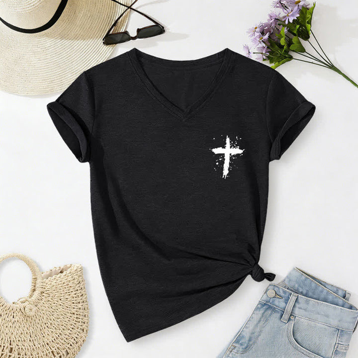 Christianartworkshop Psalm 91 Damen-T-Shirt mit V-Ausschnitt und geknotetem Saum und Kreuzmuster. - image 2